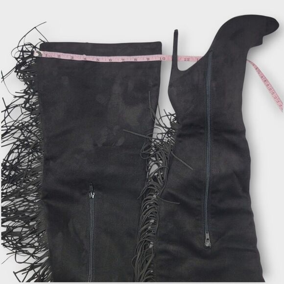 Steve Madden Lesha Suede Thigh High Open Toe Tall Heeled Fringe Boot Black Sz 9M - Picture 8 of 13